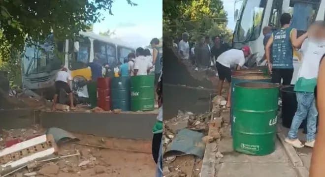 Ônibus perde controle e atinge muro de escola em Juazeiro do Norte; estudante e vendedor ficam feridos