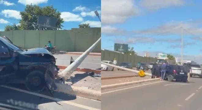 Carro colide com poste e interdita trecho do Anel Viário do Cariri, em Juazeiro do Norte