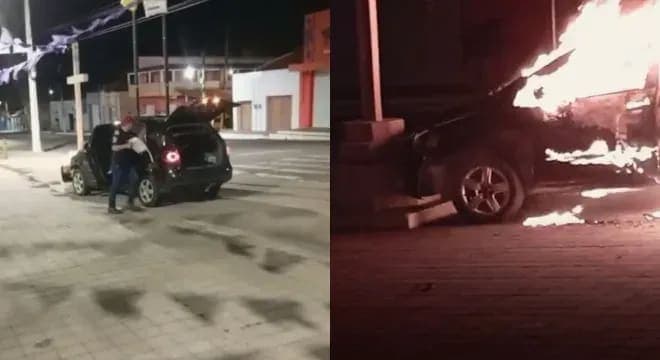 Homem incendeia carro após colisão com cruz em frente à igreja no Ceará