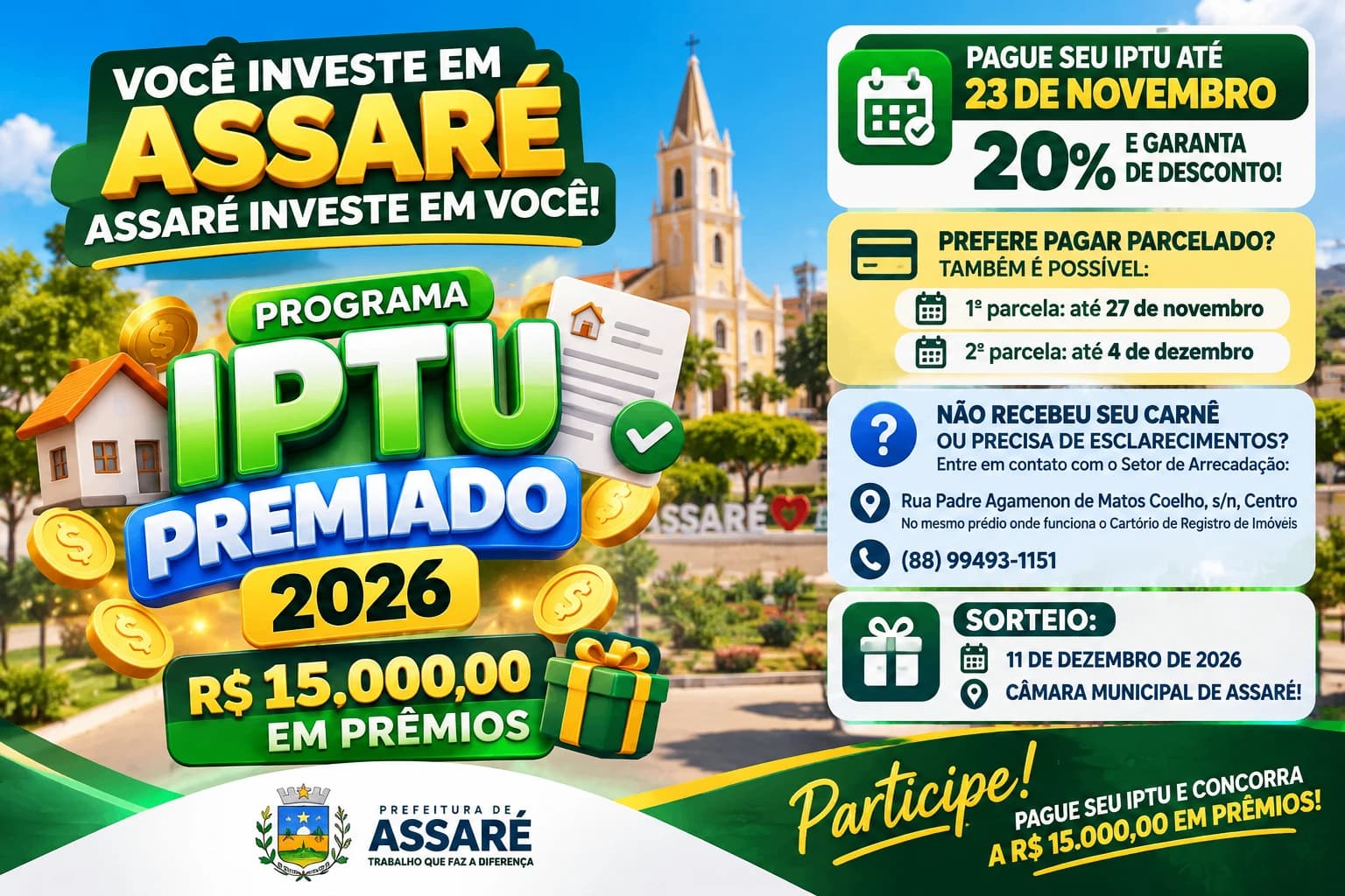 Assaré lança IPTU Premiado 2026 com R$ 15 mil em prêmios